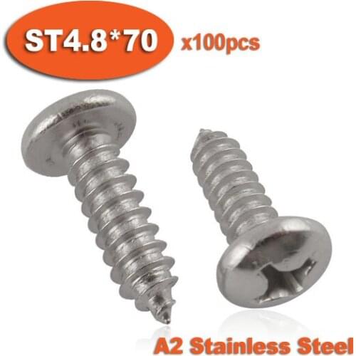 100pcs DIN7981 ST4.8 x 70 A2 Stainless Steel Self Tapping Screw Phillips Cross Recessed Pan Head Self-tapping Screws