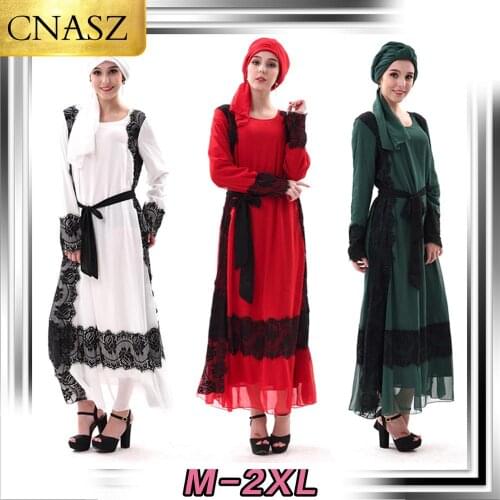 2019 Elegant Muslim Islamic Chiffon Lace with Belt Long Dress Malay Indonesian Hui Women Dubai Turkey Evening Dress