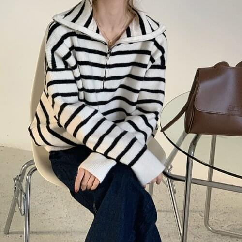 2021Casual Style Hipster Autumn Winter Striped Loose Pullovers Womens Clothing Fashion Turtleneck Sweater Female Oversize