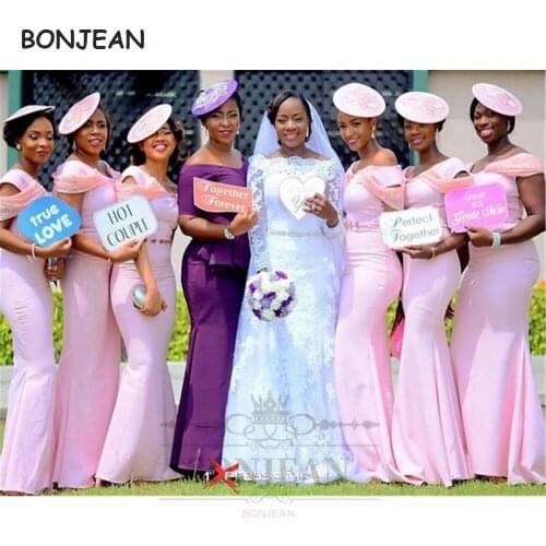 2021 Pink Bridesmaid Dresses Mermaid Off-The-Shoulder Elastic Satin South African Lace Up Black Girls Bridesmaid Dress