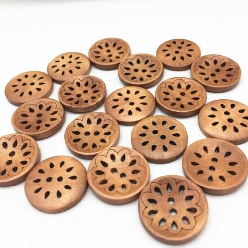 40pcs 23mm Wood Round Florals Flower Buttons Light Brown Sewing 2 Holes Button Embellishments For Scrapbooking