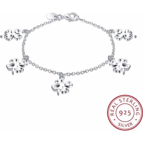 925 Sterling Silver Lucky Four Leaf Clover Charm Bracelet Crystal Link Chain Bracelet For Women Original Fine Jewelry Party Gift