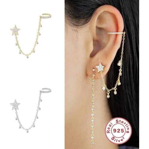 Aide 925 Sterling Silver Ear Cuff Clip Chain Earrings For Women Zircon Star Tassel Clip on Earrings Fashion Korean Jewelry 1PC