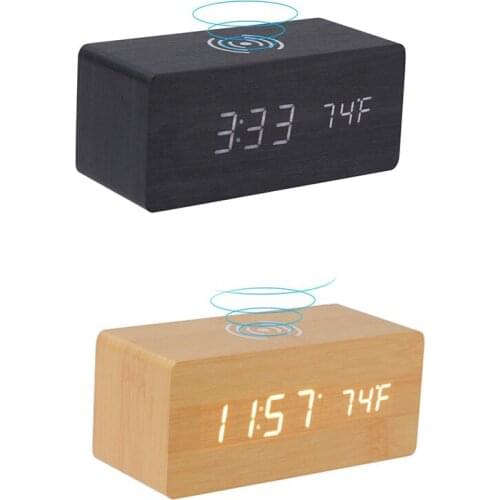Wooden Digital Alarm Clock with Qi Wireless Charging, Bedside Clock with Brightness Adjustable, USB/Battery Powered