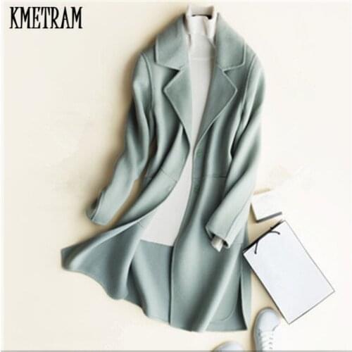 KMETRAM 2020 Autumn and Winter Fashion Womens 100% Wool Cashmere Coat Double Wool Casaco Turn-Down Collar Casaco Feminino HH746