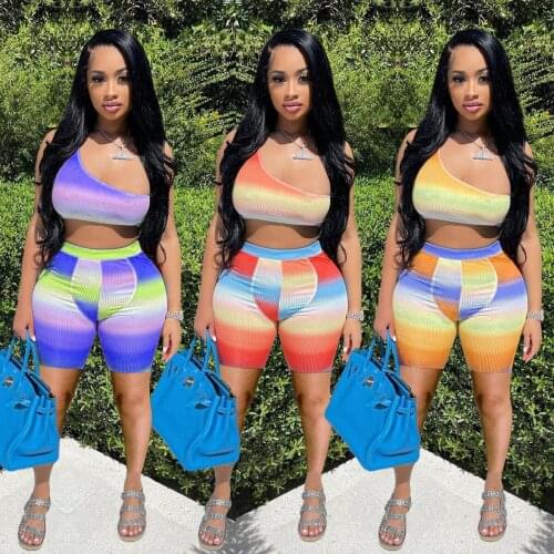 Echoine Gradual Change Colorful Print Sleeveless Off Shoulder Tank Crop Top Shorts Set Summer Outfits Sexy Active Sporty Set