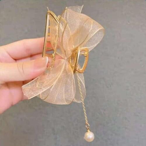 Korean Pearl Mesh Bow Hair Clips Women Hair Claws Barrettes Girls Back Hair Clip Big Hair Clip Shark Clip Hair Accessories