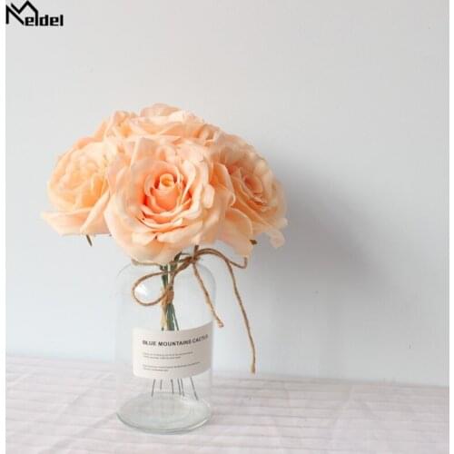 Meldel White Silk Rose Artificial Flowers Wedding Flowers 7 Heads Silk Roses Wedding Bouquet Fake Flowers White Home Decoration