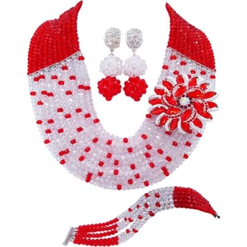 Fashion Red and Clear AB crystal necklaces set costume jewelry nigerian wedding african beads jewelry set JL001