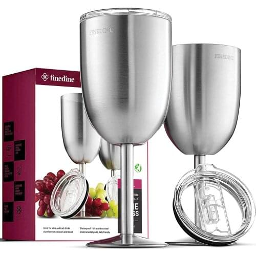 FineDine Premium Grade 18/8 Stainless Steel Wineglasses 12 Oz. Double-Walled Insulated Unbreakable Goblets (Set of 2) Stemmed