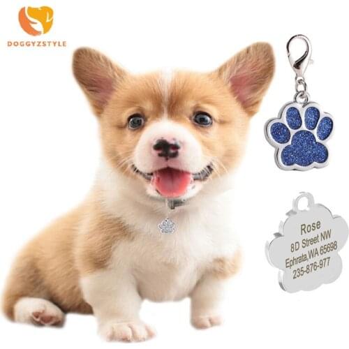 Personalized Dog Tags Bling-Bling Paw Shape Engraved Cat Puppy Pet ID Name Collar Tag Pendant Pet Accessories Bone/Paw Glitter