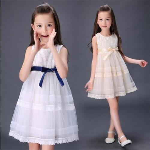 Primary School Girls Students Above Knee O-Neck Dress,Medium-Big Children Sleeveless Sweet Princess Dress+Bow Belt,For 3-15 ages