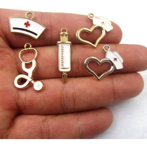 Multi style Stethoscope Charms Creative Handmade Drip Oil Medical Jewelry Pendant Syringe Charms Nurse Hat Charms Fitting XL460