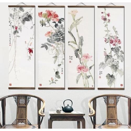 Chinese Style Flower Green Plants Canvas Posters Decor Store Bedroom Living Room Wall Art Solid Wood Scroll Paintings with Frame