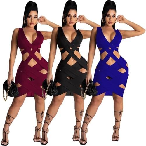 Sexy Cross Strap Bodycon Club Dress Women V Neck Bandage Tank Dress Summer Night Party Hollow Out Clubwear Sleeveless New Dress
