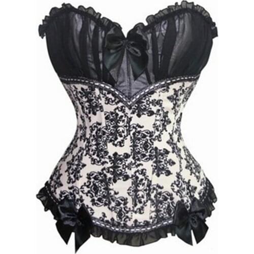 Sexy Floral Print Satin Lace up Overbust Corset Bowknot Top Bustier Bodyshaper Lingerie Showgirl Cosplay Costume Plus Size S-6XL