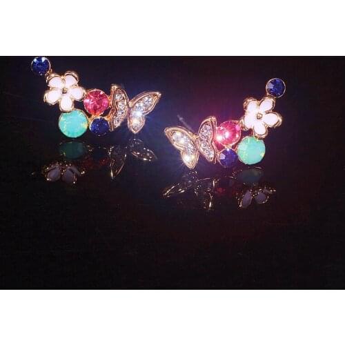 Korean Elegant Cute Colour Rhinestone Butterfly Stud Earrings For Women Girls Trendy Crystal Flower Earrings Jewelry Accessories