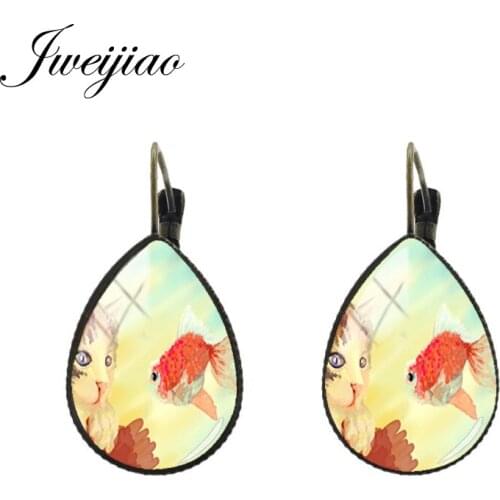 JWEIJIAO Girls Earrings cartoon Tear water-drop Ear Clip Earrings Glass Cat and Fish photo trendy jewelry Christmas gift CH77