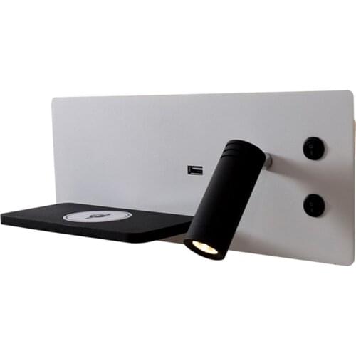 Led Adjustable Angle Backlit Bedroom Headboard Wall Lamp Reading Light Wireless Charger USB Port Home Decor Hotel Phone Shelf