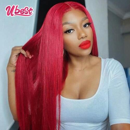 Ubest Peruvian Straight Lace Frontal Wig Rose Red Human Hair Wigs Pre Plucked 180% Density Colored Lace Front Wigs for Women