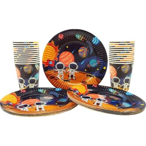 Party Supplies 48pcs Astronaut Solar Space Kids Birthday Party Tableware 24pcs Dessert Plates Dishes And 24pcs Cups Glasses
