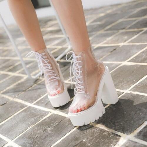 European American Fashion White PU Transparent Womens High Heels Thick Bottom Thick Heel 15cm High Heel Female Shoes Lacing