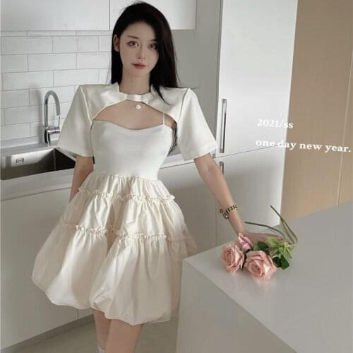 2-Piece Sets Woman Japanese Korean Summer Fashion Outfits Sexy Sling Ruffles Mini Knitted Dress+Short Sleeve Short Shawl Outfit