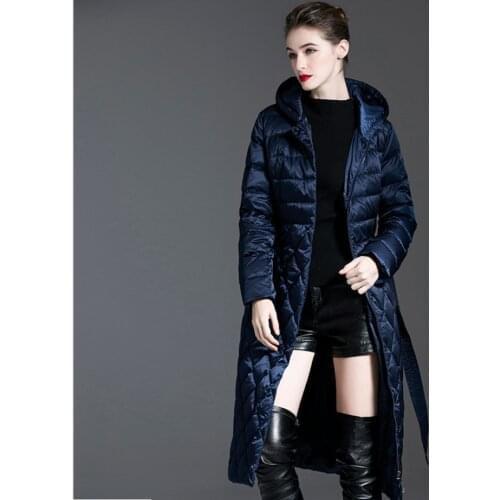 Winter Long Blue Color Down Jacket Big Size Women Warm White Duck Down Long Hood Coats Girls Thick Parka Lady Waist down jacket