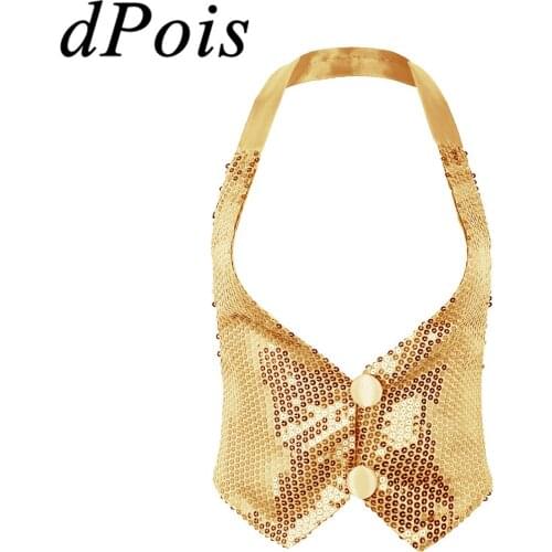 Womens Glitter Sequins Vests Hip-hop Jazz Pole Dance Wear Girls Halter Neck Sleeveless Vest Tops Fashion Slim Fit Waistcoat