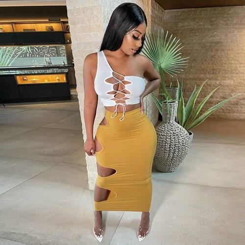 Asymmetrical Bandage Two Piece Dress Set Womens Clothes One Shoulder Lace Up Crop Top and Side Hollow Out Skinny Maxi Skirts