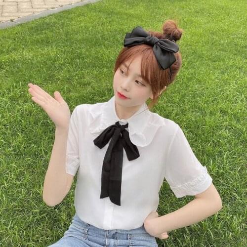 Kawaii White Short Sleeve Blouse Women Summer Korean Student Girl Black Bow Tie Blouses Preppy Style Cute Ruffles Shirt Tops