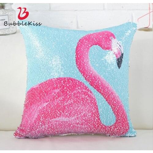 Bubble Kiss Sequined Pillow Cover Pink Flamingo Print Pillow Case Cushion 45X45cm Nordic Style Fashion Color Changing Pillowcase