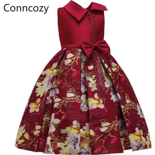Girls Party Dresses Red Flower Girl Printed Catwalk Dress Girls Puffy Princess Dress Girls Performance Dress Party Girl Birthday