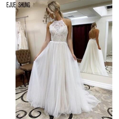 EJUE SHUNG Beach Wedding Dresses Halter Neckline Open Back Lace Appliqued A Line Wedding Gowns Bride Dresses Vestido De Novia