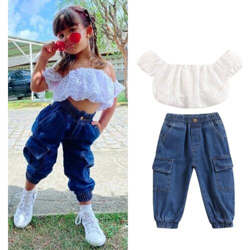 FOCUSNORM 1-5Y Summer Fashion Baby Girls Clothes Sets 2pcs Lace Floral Off Shoulder Short Sleeve T Shirts Blue Denim Pants
