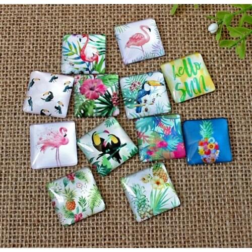 Flamingo and fruit square Glass Cabochons Mosaic Printed Glass Dome Cabochons Mosaic Tiles for Crafts