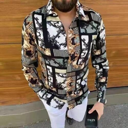 Fall 2021 casual lapel mens shirt retro printed button up short-sleeved jacket mens fashion street wear