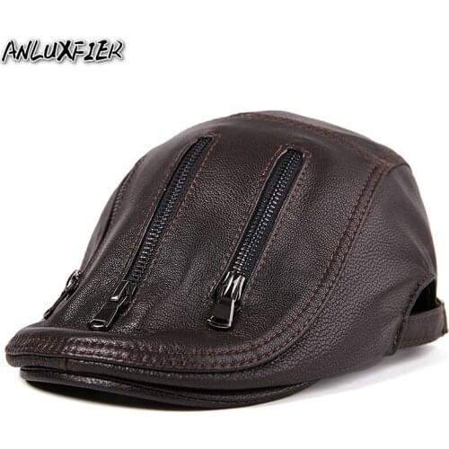 B-8806 Mens Sheepskin Leather Hat Adult Genuine Leather Cap Male Zipper Visors Cap Adjustable Size New Year Gift