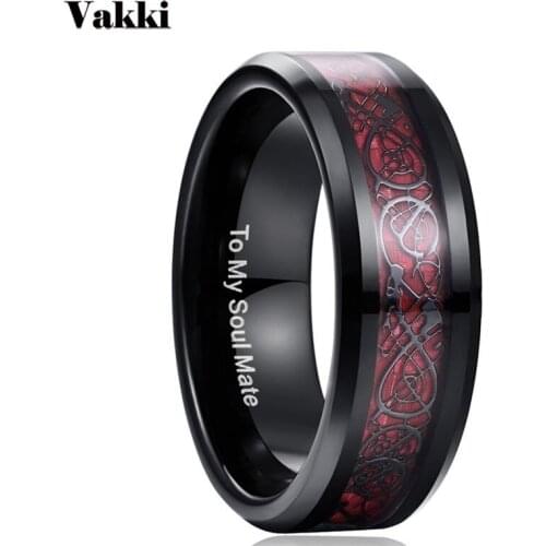 Male Wedding Jewelry 100% Tungsten Steel Ring For Men Red Carbon Fiber Dragon Rings TO MY SOUL MATE Couple Gift Ring Jewelry