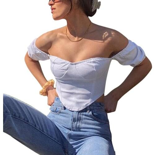 New Arrival In 2021 One-Neck Princess Sleeve Slim-Fit T-Shirt Top Girl Fashion White Retro Off-Shoulder Slim-Fit Tights