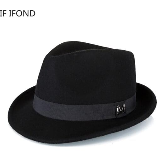 Men Winter Thick Warm Felt Fedora Hats 100%Wool Gentleman Jazz Cap Homburg Male Classical Narrow Brim Top Hat