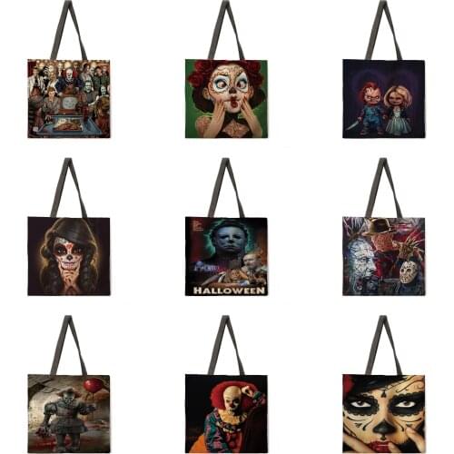 Folding shopping bag horror movie surrounding ladies shoulder bag female leisure handbag outdoor beach bag female tote bag