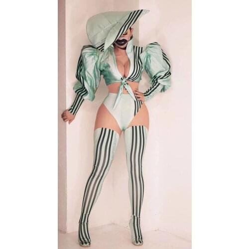 Light Green Pattern Long Sleeve Tuxedo Bodysuit Cap Prom Bar Women Dancer Singer Show Wear Prom Party Stage Dance Outfit
