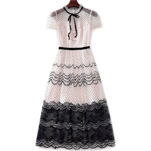 Quality Embroidered Flower Dots Dress Women Runway Summer Dresses Beige Black Elegant Pleat Knee-length Long Party Dress Female