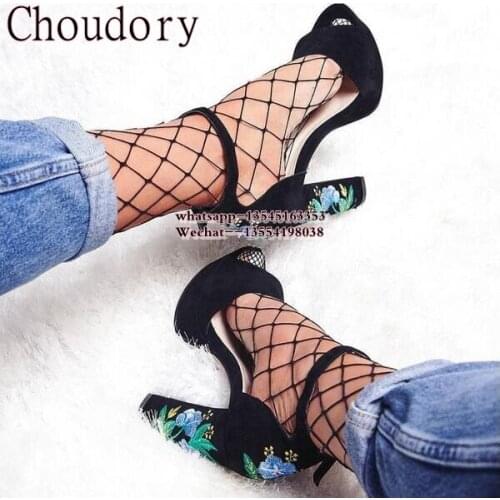 New Fashion Faux Suede Women Sandals Embroider High Heel Women Sandals Ethnic Floral Party Shoes Plus Size Flower Embroider
