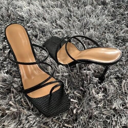 Akexiya Women Sandals Snake Print Strappy Mule Heels Sandals Slippers Women High Heels Flip Flops Square Toe Party Shoes Woman