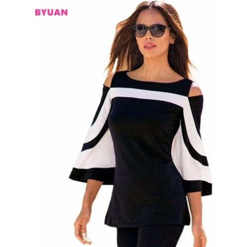 BYUAN Women Tops Summer 2018 Black White Striped Bell Sleeve Off Shoulder Zipper Top Mujer Camisa Feminina Office Ladies tshirts