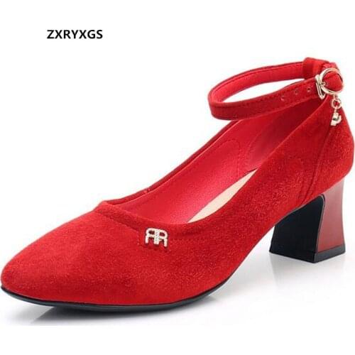 New Elegant Temperament Top Cowhide Nubuck Leather Shoes Woman High Heels Pointed Toe Red Wedding Shoes Work Dance Women Shoes