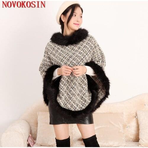 2021 Autumn O Neck Fur Velet Poncho Fashion Plaid Cape Faux Fox Fur Out Street Wear Cloak Women Triangle Plus Size Pullovers