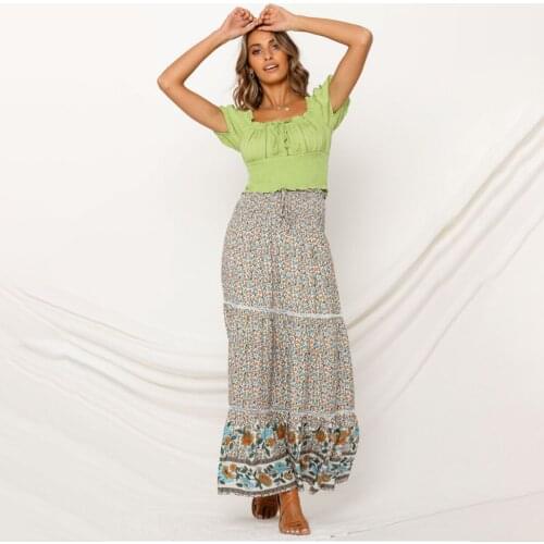 Floral Print Sexy Maxi Skirt 2020 Spring Vintage Chic Elastic High Waist Patchwork Faldas Boho Beach Casual Women Long Skirts